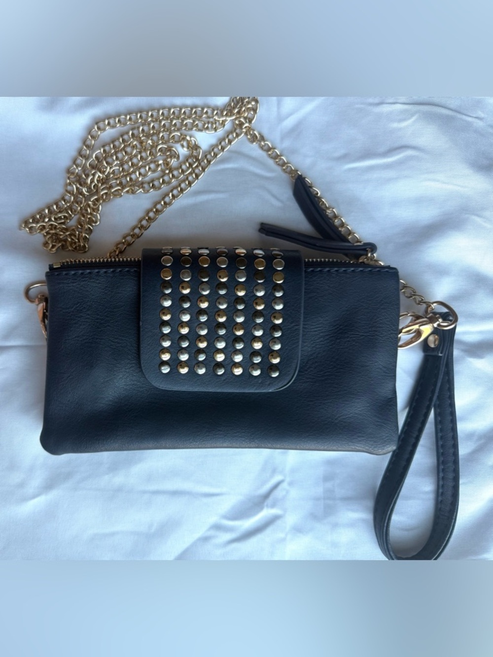 Olivia Miller Navy Blue Studded Crossbody Bag Wristlet Small Faux Leather Gold